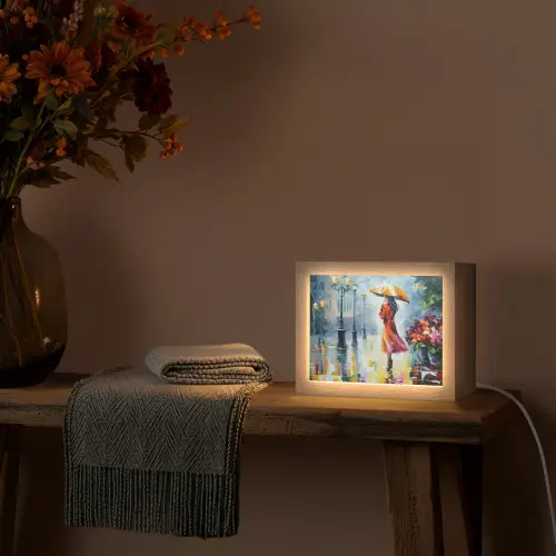 Olieverf - Paraplu - Vrouw - Straat - Kunst Light Box met kabel (Tafellamp) klein -sfeer4