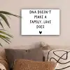 Engelse quote "DNA doesn't make a family, love does" met een hartje op een witte achtergrond canvas 2cm klein -sfeer1