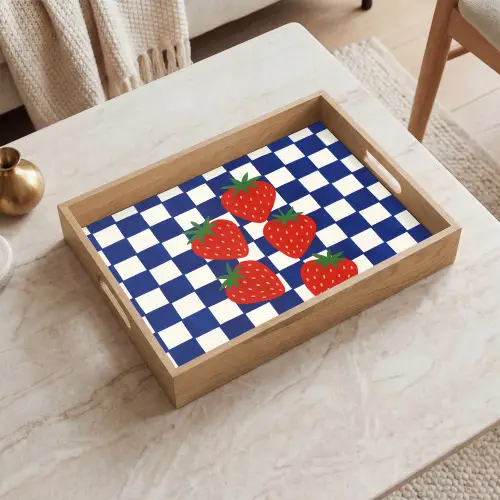 Geblokt - Blauw - Aardbeien Dienblad Rechthoek middel -sfeer1