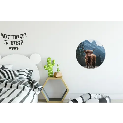 Schotse hooglander - Berg - Landschap - Bomen - Koe - Natuur Wandcirkel aluminium klein -kinderkamer