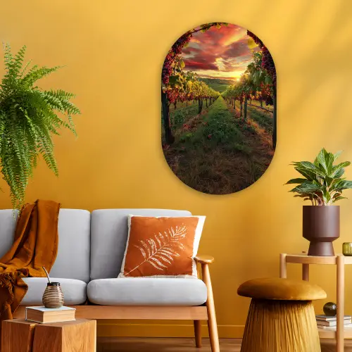 Wijngaard - Druiven - Zonsondergang Wandcirkel Ovaal Glas middel -sfeer4