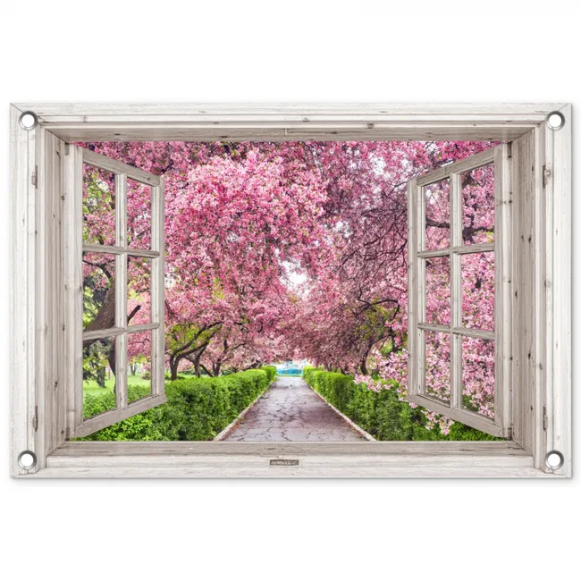 Uitzicht op Bloeiende Kersenbomen tuinposter los doek klein -3d