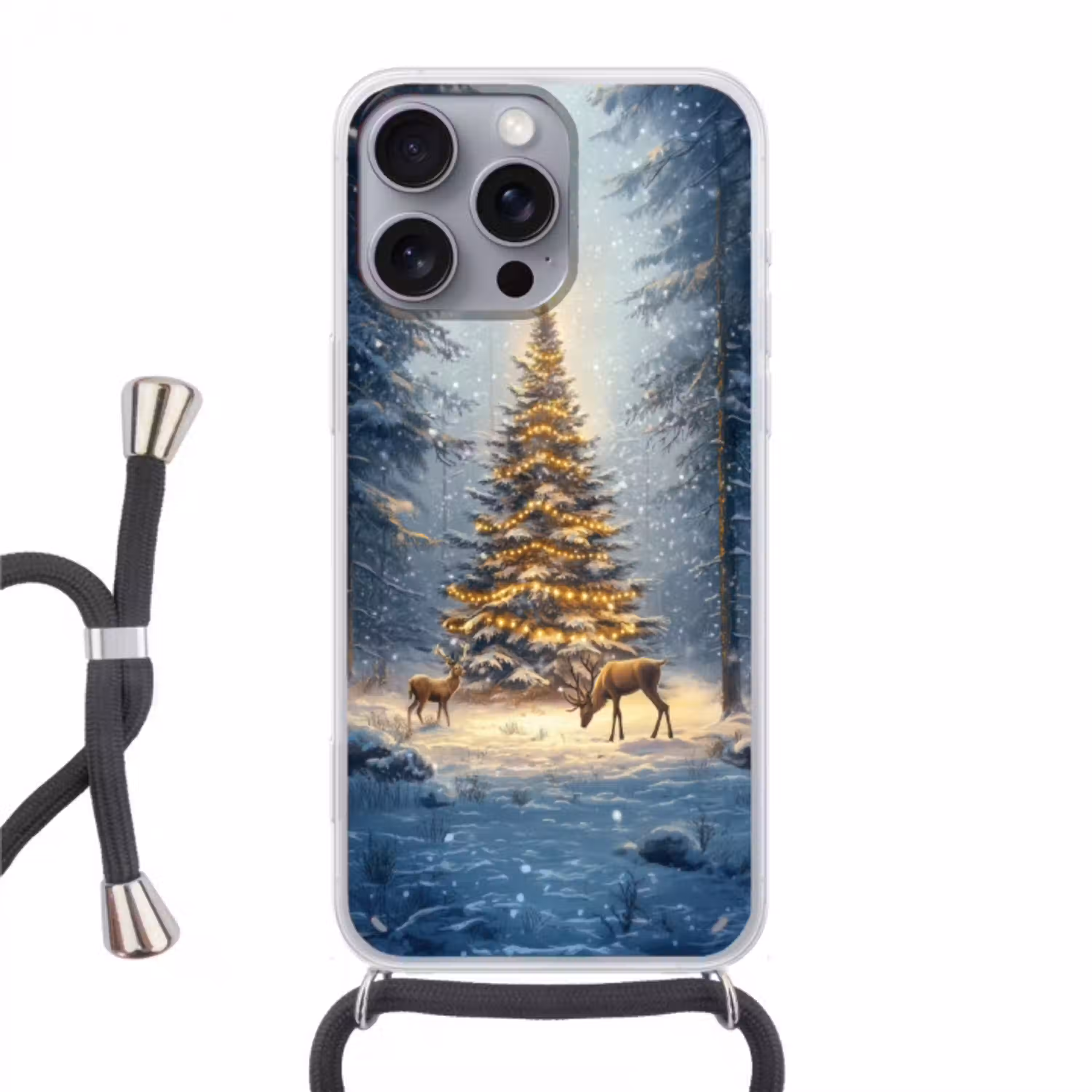 Kerstlicht - Woud - Hert - Donker Hoesje iPhone 16 Pro Max met koord klein -3d