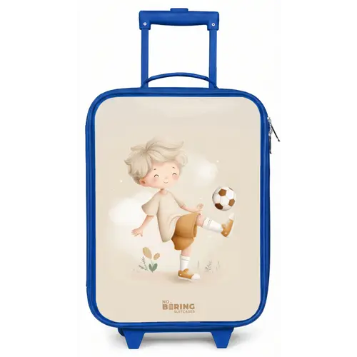 Jongen met een voetbal in beige kleuren Kinderkoffer - Blauw klein -zz3dotto