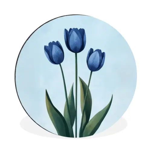 Tulpen - Blauw - Bladeren Wandcirkel aluminium klein -3d