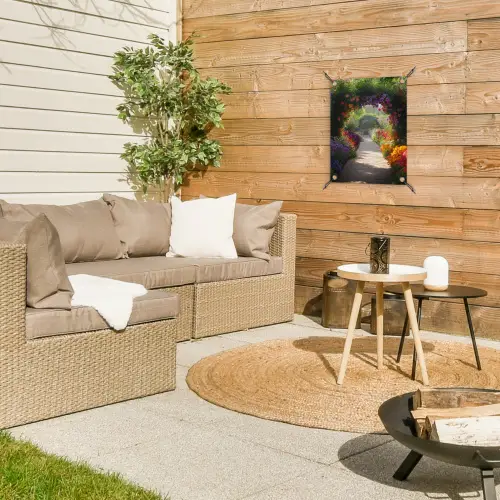 Doorkijk - Pad - Bloemen - Struik - Kleurrijk tuinposter los doek klein -sfeer4