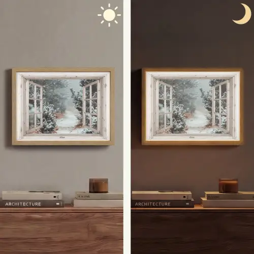 Bos - Winter - Bomen - Natuur - Pad - Doorkijk - Wit Light Box met batterij (Wandlamp) middel -sfeer3