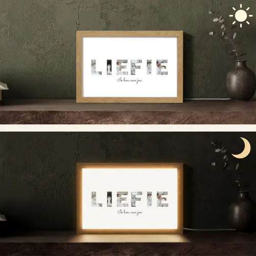 Liefie - Lettercollage Light Box met kabel (Tafellamp) klein -sfeer3