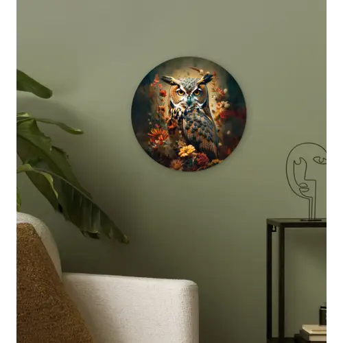Uil - Vogel - Bloemen - Planten - Botanisch Wandcirkel kunststof plaat 5mm dik klein -sfeer3