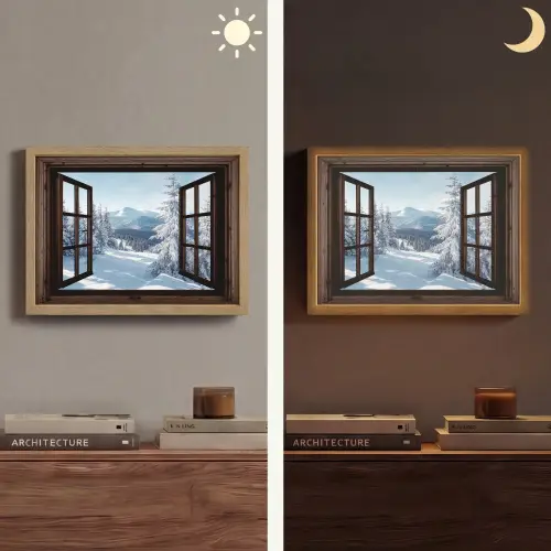 Winter - Landschap - Natuur - Berg - Bomen - Doorkijk - Uitzicht Light Box met batterij (Wandlamp) middel -sfeer3