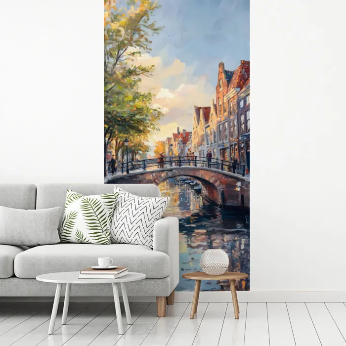 Brug - Stad - Huizen - Boot fotobehang vinyl groot -woonkamer