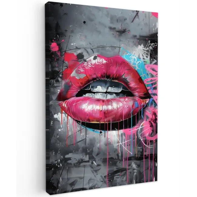 Lippen - Felroze - Graffiti - Verfstrepen canvas 2cm klein -z3d
