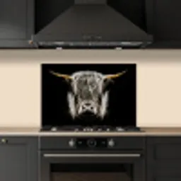 Schotse hooglander - Goud - Hoorns - Zwart wit - Koe - Dieren keuken achterwand spatscherm klein -sfeer1