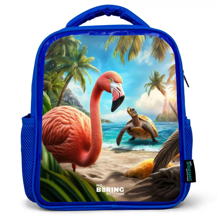 Flamingo en schildpad op tropisch strand Kinderrugzak - Blauw middel -3d