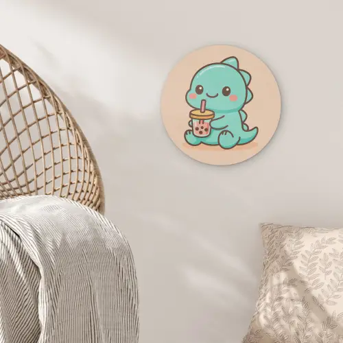 Dino - Boba - kawaii - Oranje Akoestische PET Vilt - Rond klein -sfeer4