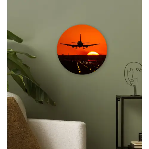 Zonsondergang - Vliegtuig - Oranje - Zon Wandcirkel kunststof plaat 5mm dik klein -sfeer3