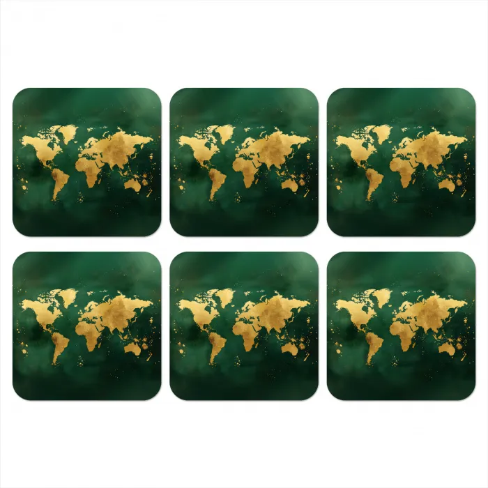Wereldkaart - Groen - Goud onderzetter kurk middel -3d