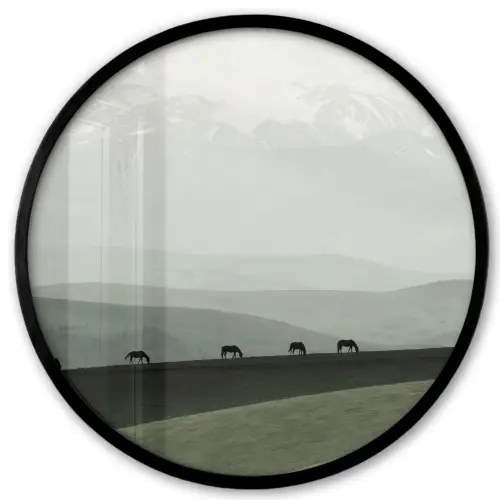 Grijs - Berg - Paarden Fotolijst rond zonder passe partout klein -3d