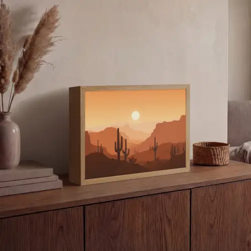 Landschap - Woestijn - Cactussen - Zon Light Box met batterij (Wandlamp) middel -sfeer2