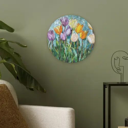 Mozaïek - Veld - Tulpen - Kleurrijk Akoestische PET Vilt - Rond klein -sfeer2