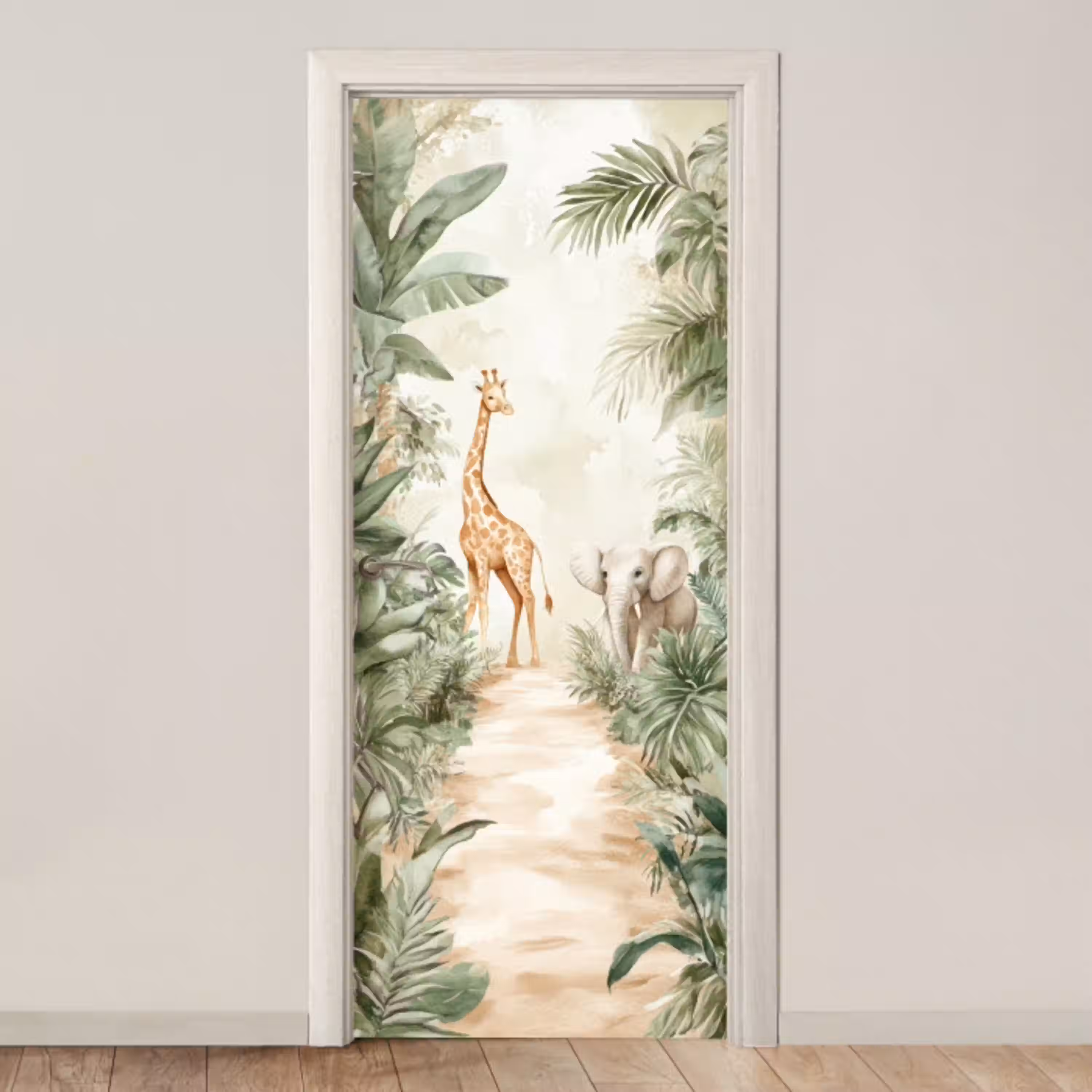 Jungle - Giraf - Olifant - Groen - Natuur deurposter klein -3d_beige