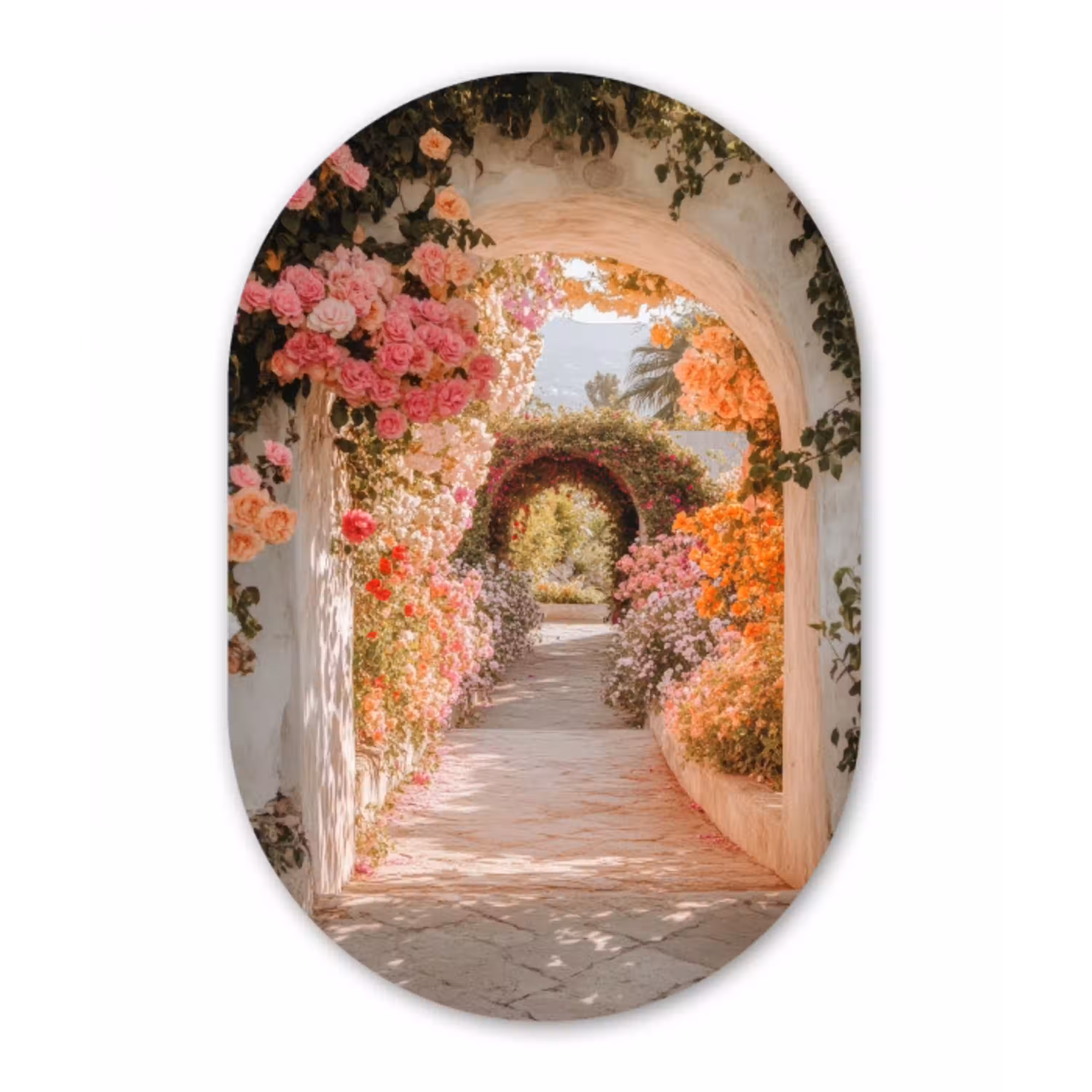 Doorkijk - Boog - Bloemen - Pastel Wandcirkel Ovaal Aluminium middel -3d