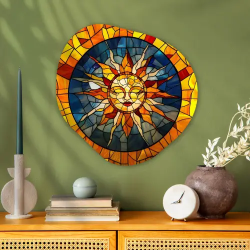 Mozaïek - Zon - Geel - Cirkel Wandcirkel Organisch Plexiglas middel -sfeer2