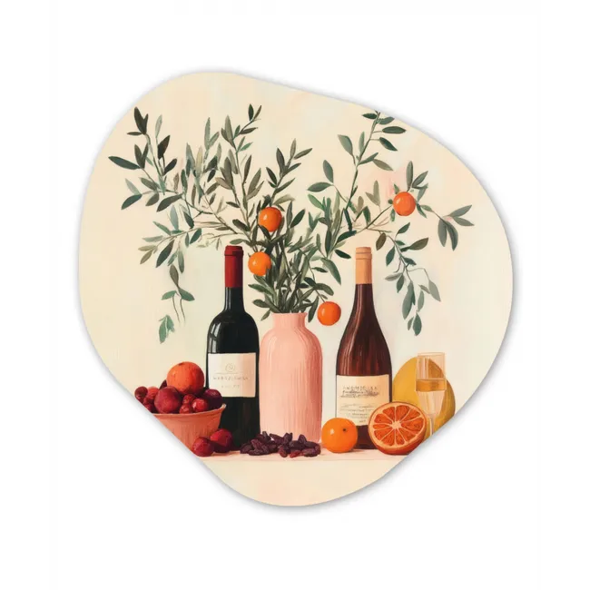 Wijnflessen - Takken - Sinaasappels Wandcirkel Organisch Forex 3mm klein -3d