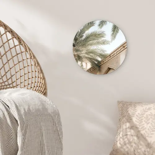 Gebouw - Palmbomen - Beige - Zon Wandcirkel kunststof plaat 5mm dik klein -sfeer5