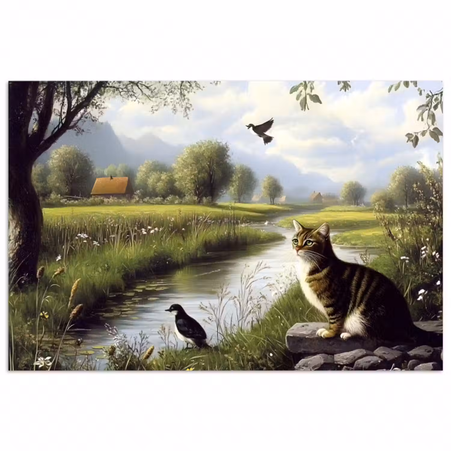 Poster - Katze - Bach - Wiese