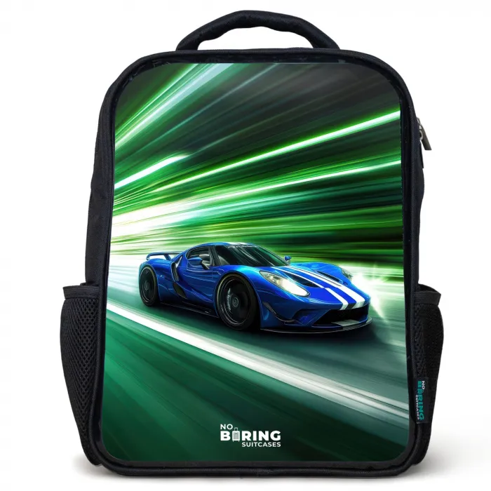 Blauwe raceauto met strepen in groene tunnel Rugzak - Zwart middel -3d