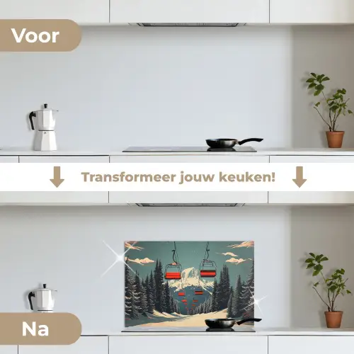 Sneeuw - Skilift - Rood - Bomen keuken achterwand spatscherm klein -voor_na_NL