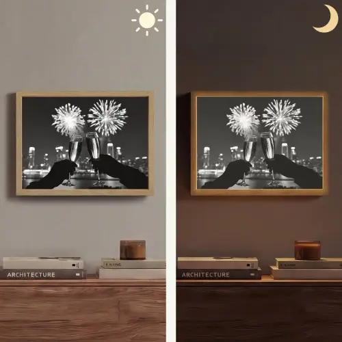 Vuurwerk - Proosten - Skyline - Champagne Light Box met batterij (Wandlamp) middel -sfeer3