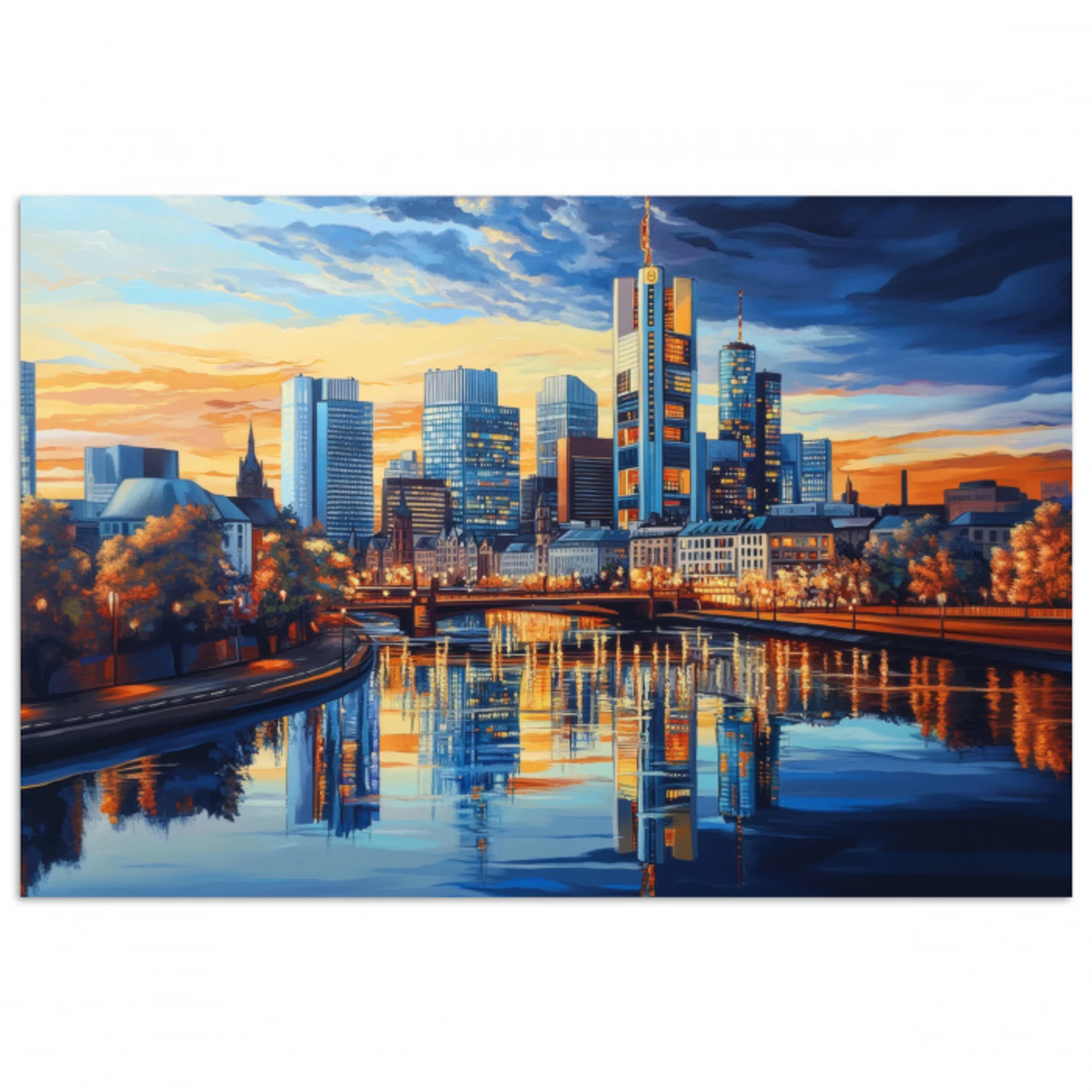 Zonsondergang Frankfurt - Stad - Skyline - Water poster papier klein -3d