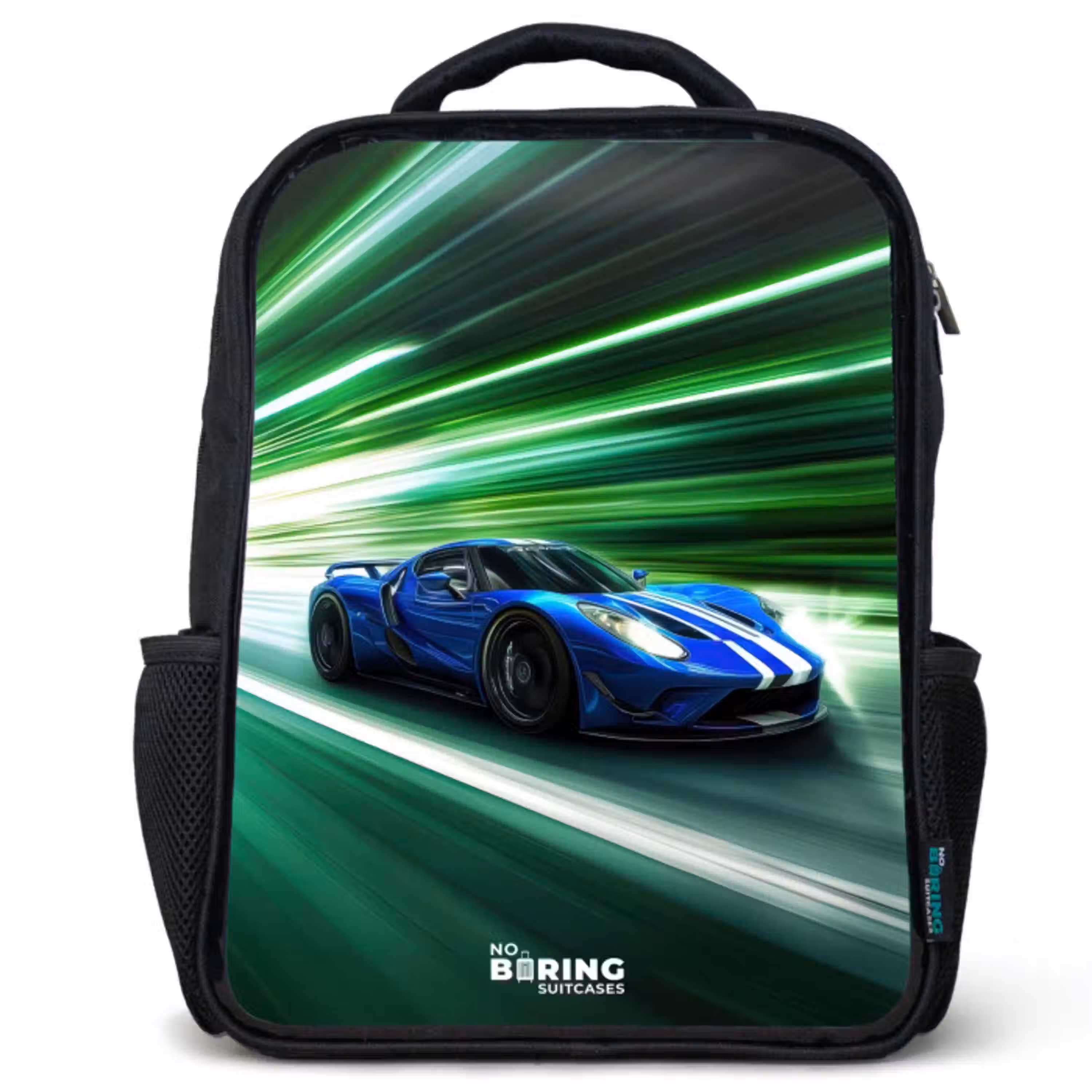 Blauwe raceauto met strepen in groene tunnel Rugzak - Zwart middel -3d