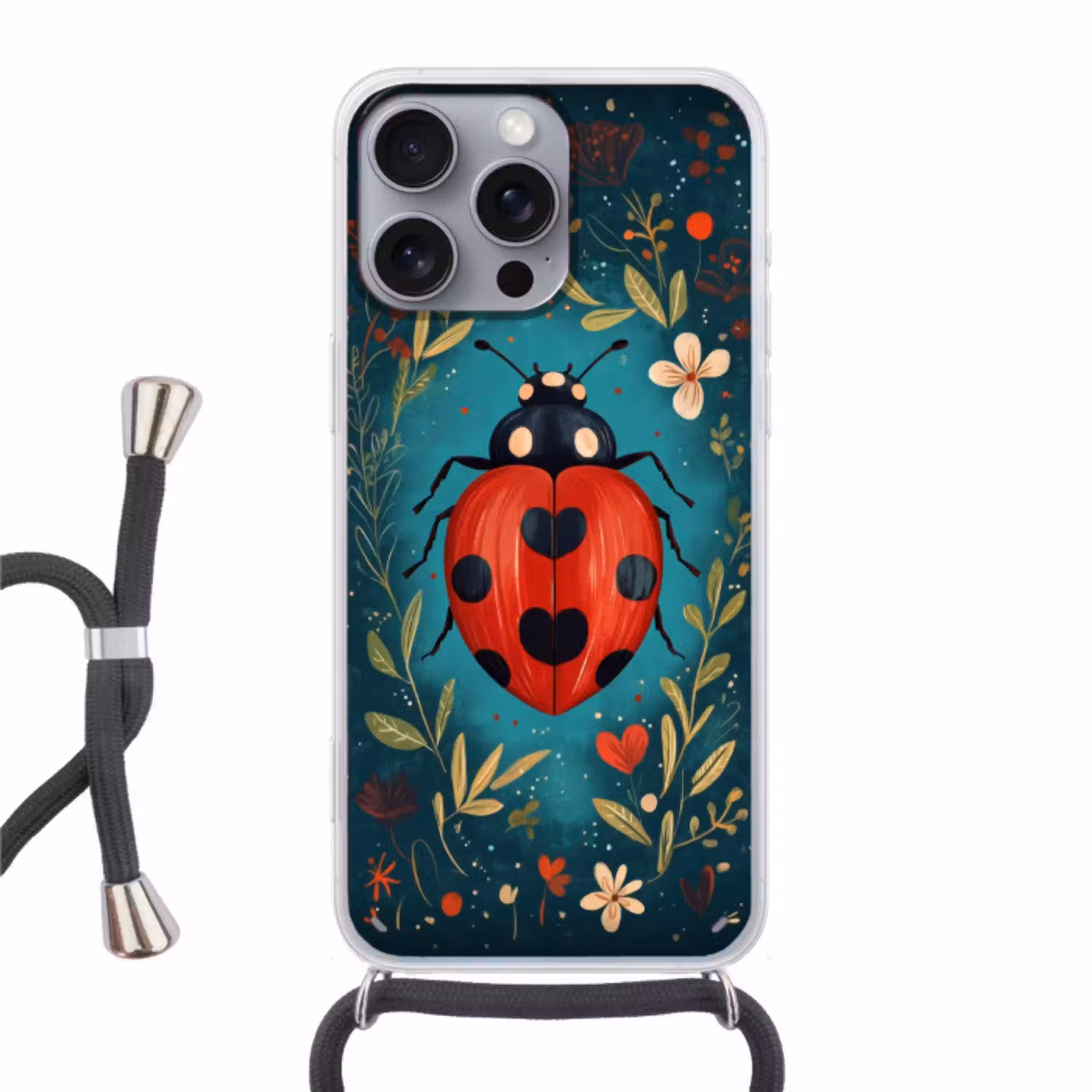 Bloemen - Lieveheersbeestje - Hartje - Rood Hoesje iPhone 16 Pro Max met koord klein -3d