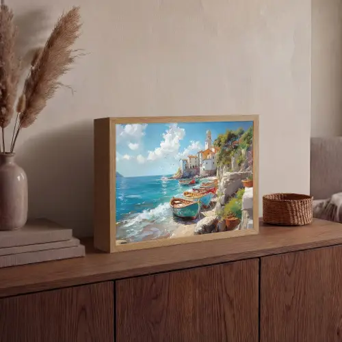 Boten - Rotsen - Zee - Zon Light Box met batterij (Wandlamp) middel -sfeer2