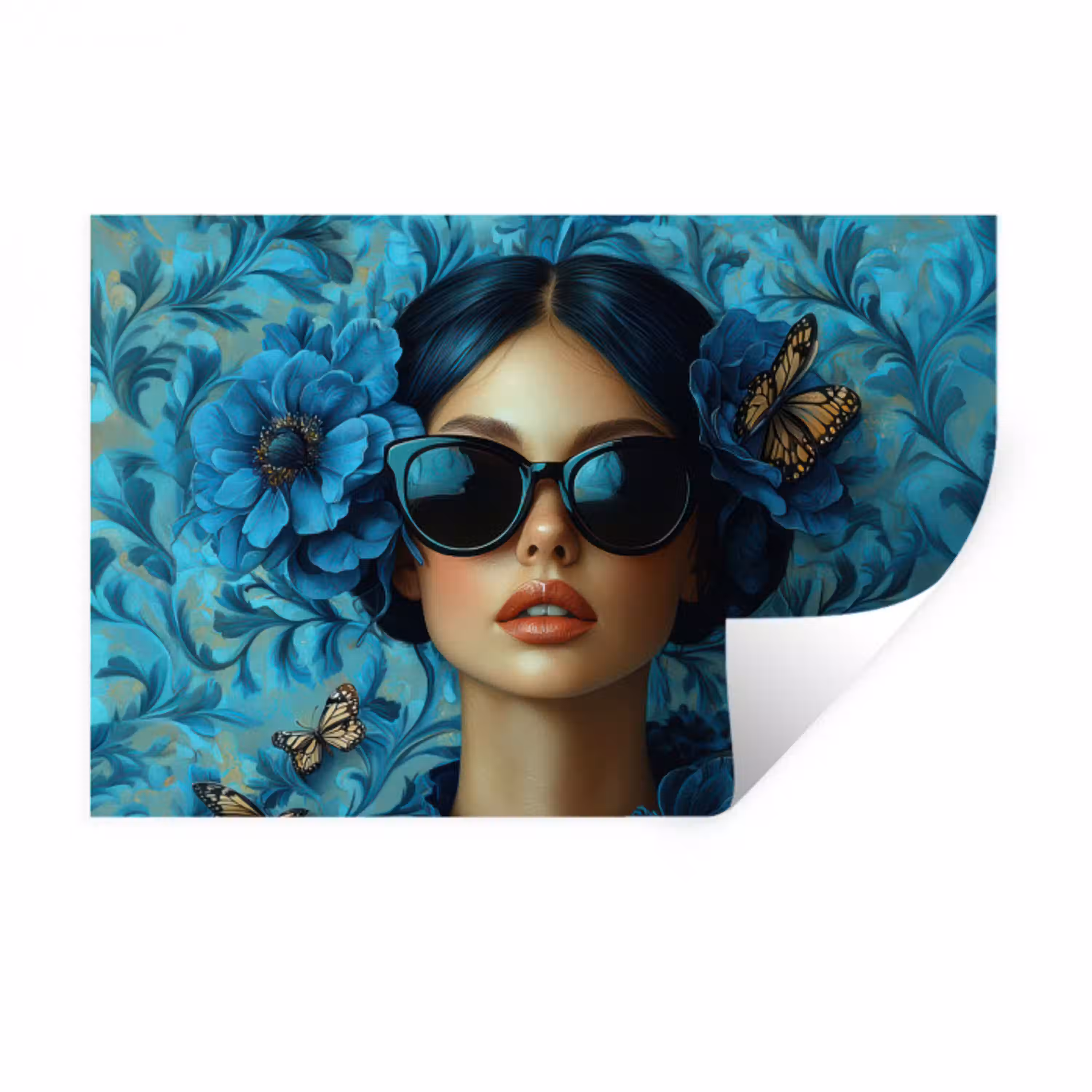 Vrouw - Bloemen - Vlinders - Blauw - Abstract Muursticker klein -3d