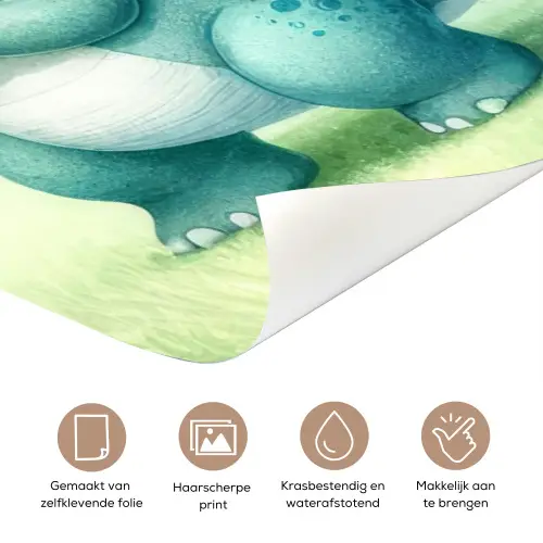 Niedlicher Dino unter Regenbogen im Aquarellstil. deurposter klein -closeup_NL