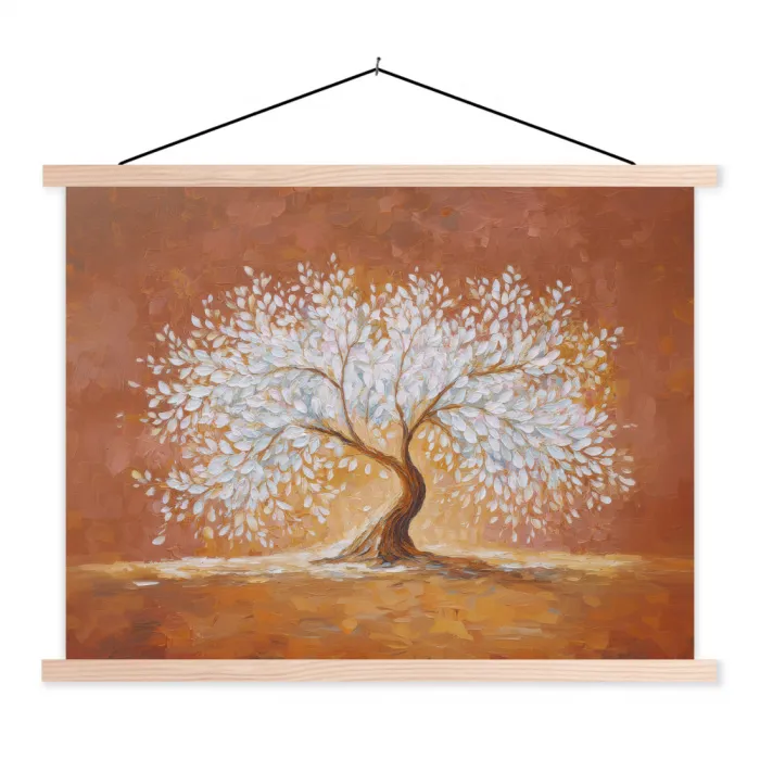 Abstract - Boom - Wit - Bladeren textielposter latten blank klein -3d