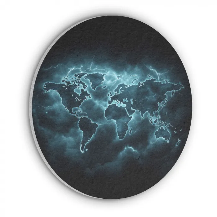 Wereldkaart - Bliksem - Blauw Akoestische PET Vilt - Rond klein -3d
