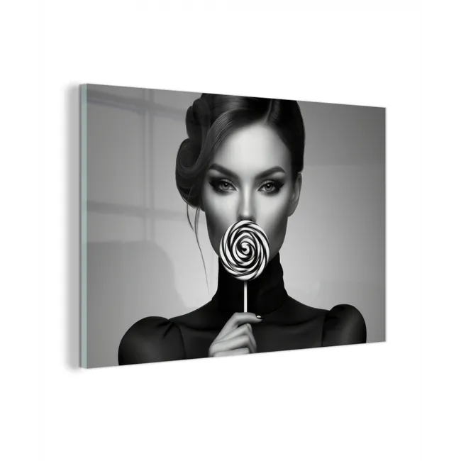 Glas schilderij - Vrouw - Lolly - Zwart