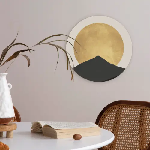 Bergsilhouetten - Gouden cirkel - Beige Akoestische PET Vilt - Rond klein -sfeer3