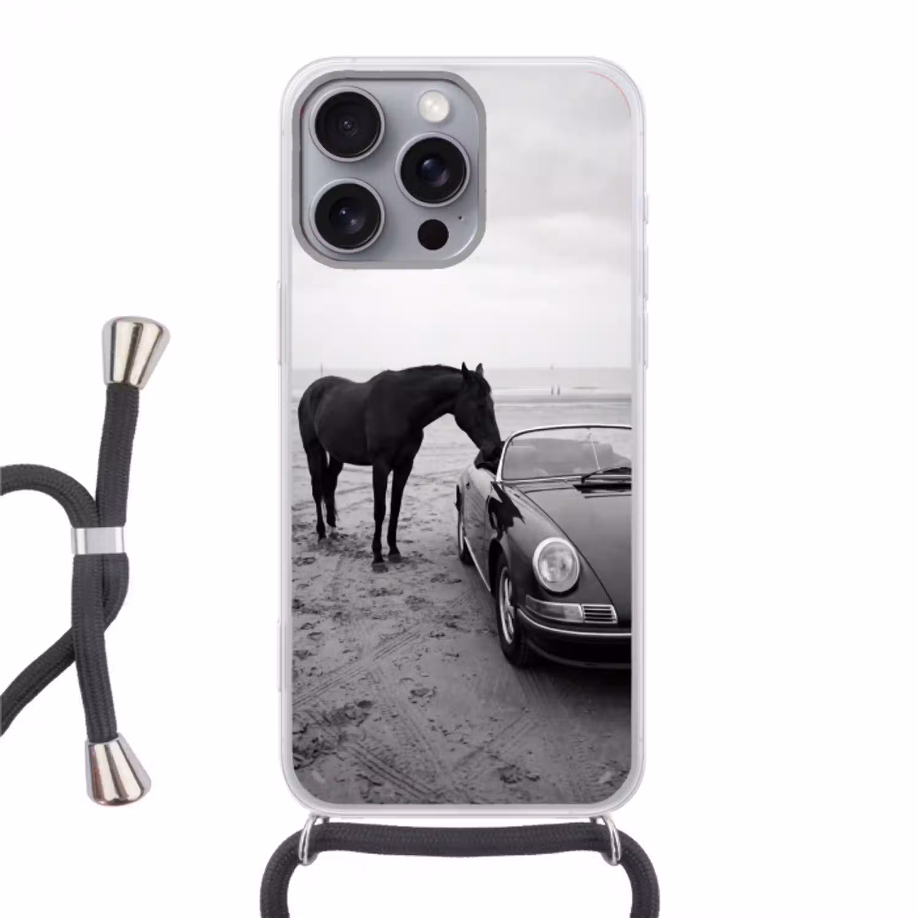 Paard - Auto - Zwart - Wit Hoesje iPhone 16 Pro Max met koord klein -3d