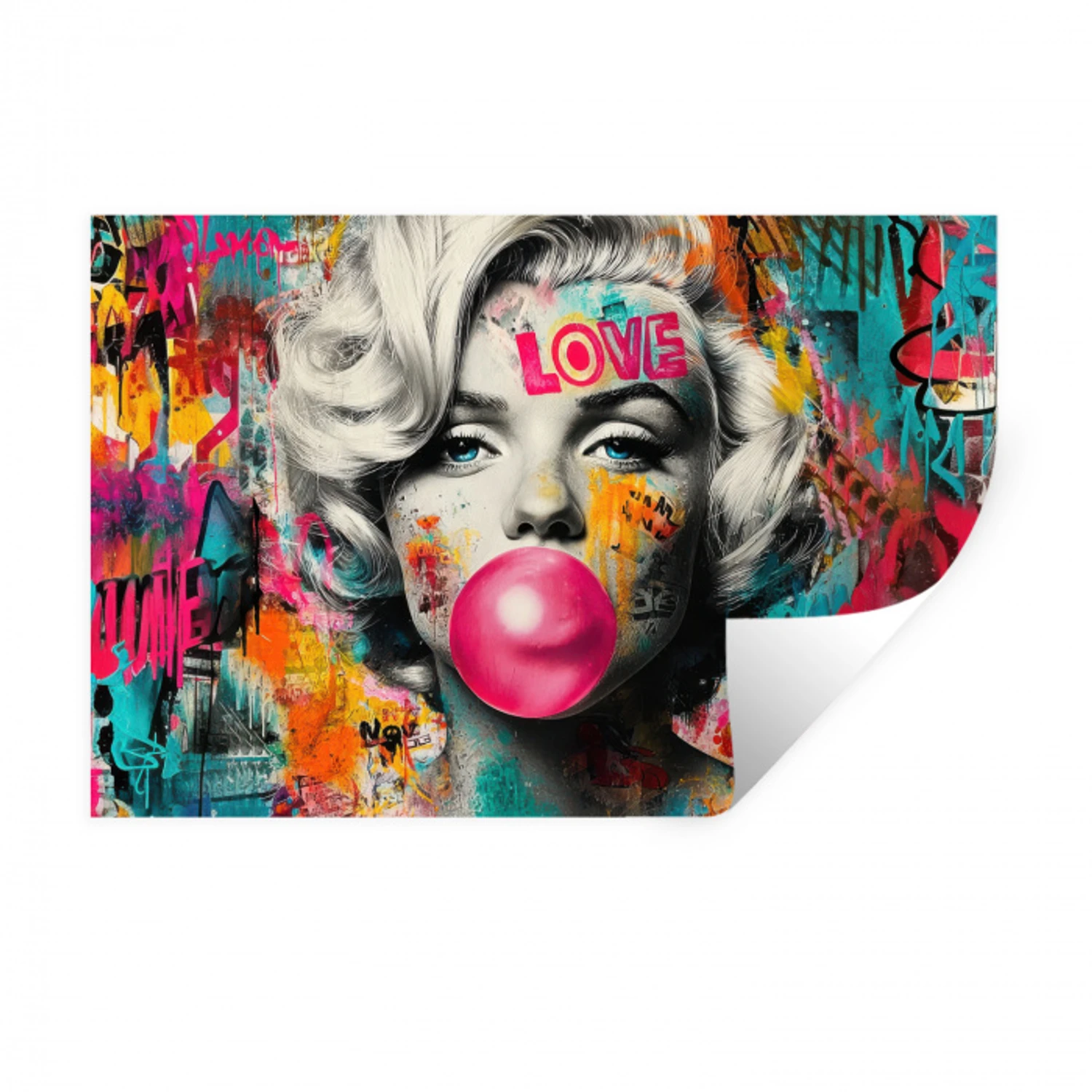 Vrouw - Kauwgom - Graffiti - Neonkleuren Muursticker klein -3d