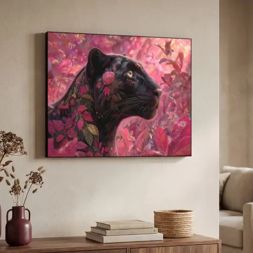 Luipaard - Bloemen - Roze Textielframe zwart klein -sfeer3