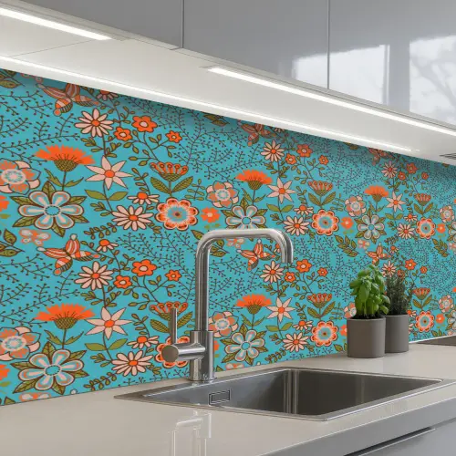 Bohemian - Bloemen - Oranje - Retro - Design keuken achterwand 2 middel 871 -3d_schuin