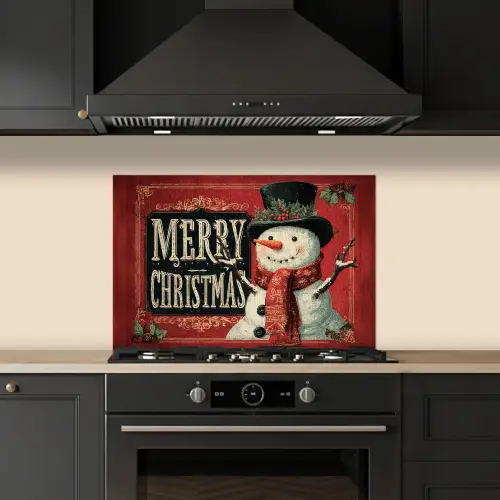 Klassiek - Kerstgroet - Sneeuwpop - Rood keuken achterwand spatscherm klein -sfeer1