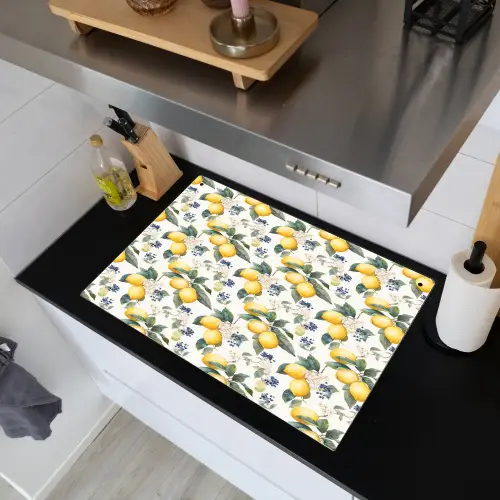 Frans - Citroen -  Citrus - Bloesem - Geel - Groen - Blauw Inductie beschemer met haakjes klein 777 -sfeer1
