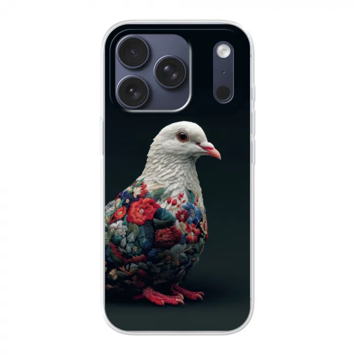 Duif - Bloemen - Wit - Zwart Telefoonhoesje iPhone 17 Pro klein -3d